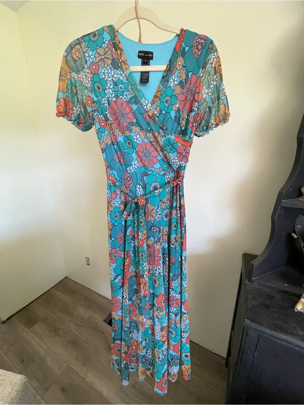 New York & Company Teal Floral Wrap Maxi Dress